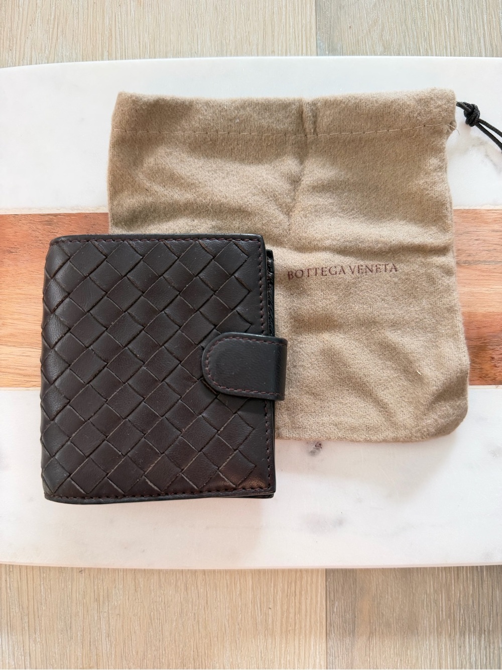 Authentic Bottega Veneta Dark Brown Intrecciato Leather Mini Wallet W/Dust Bag